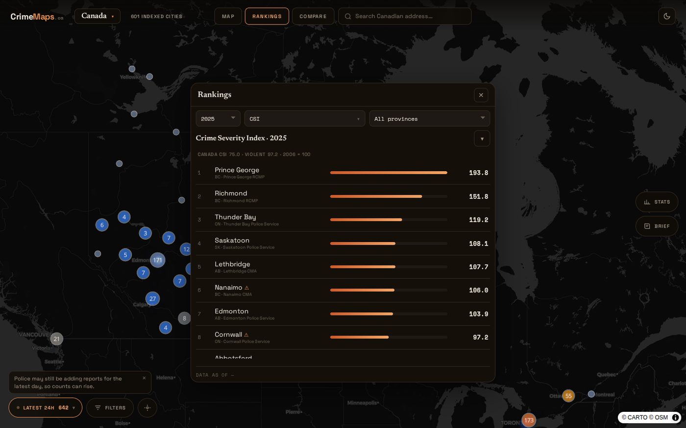 CrimeMaps.ca rankings panel over a map of Canada